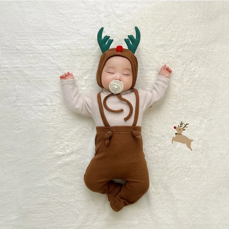 New Christmas Newborn Baby Santa Claus Plus Plush Rompers Kids Cartoon Deer Jumpsuit Pants Toddler Christmas Clothes Costume Set