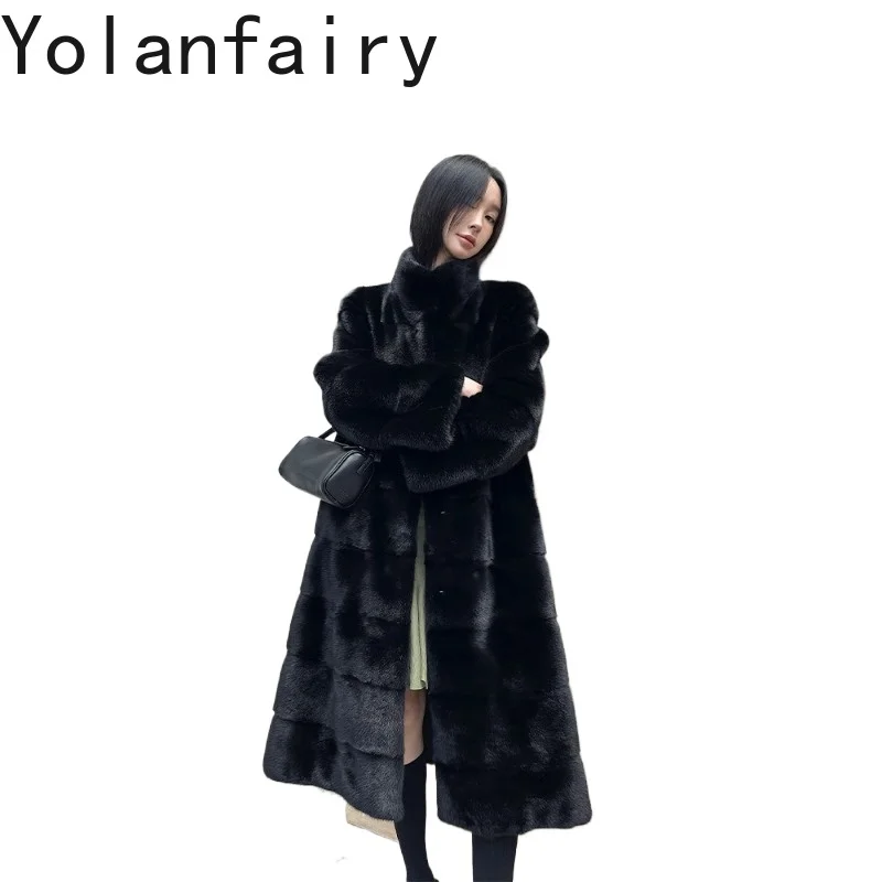 Yolanfairy Abrigo de Piel de Visón Completo de Terciopelo Etiqueta Púrpura para Mujer, Chaqueta de Piel Auténtica, Abrigo Largo, Prenda Exterior de 111cm, Top Elegante