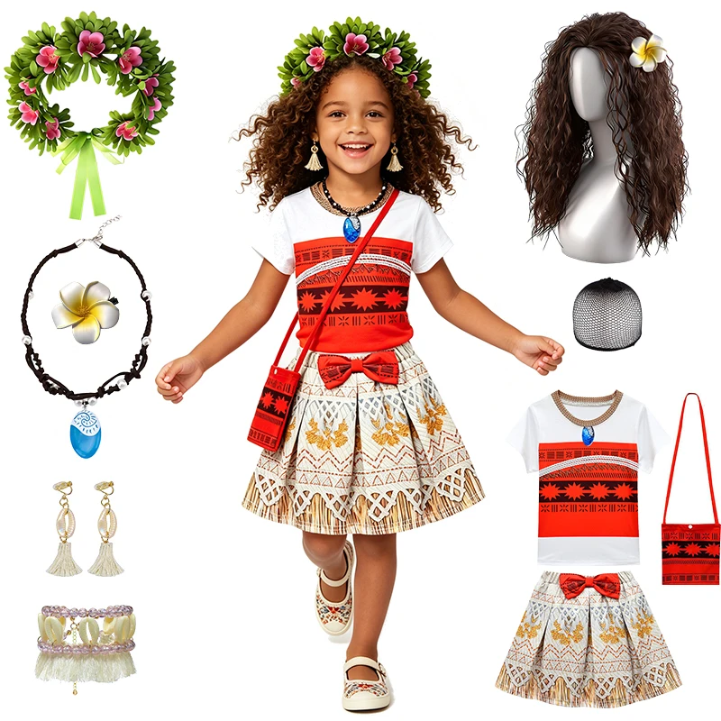 Princess Moana Fancy Girls Outfits Halloween Cosplay Party Traditional Tribes Vintage Print T-shirt + Shirt Children's Clothing