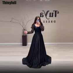 Thinyfull Saudi Arabia A-line Black Evening Dresses Stain Long Sleeves Celebrity Prom Party Gowns Sequined Formal Occasion Dress