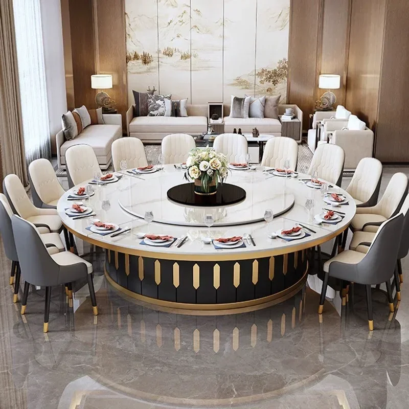 Hotel dining table and chair combination light luxury rock slab electric turntable large round table