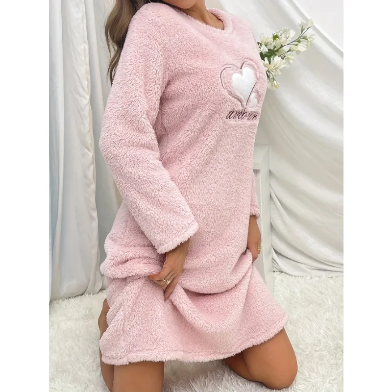 Pink Love Heart Pajama Women Nightgown Flannel Autumn Winter Long Sleeves Sleepwear Cute Pyjama Warm Pjs Soft Pj Cozy Comfy Girl