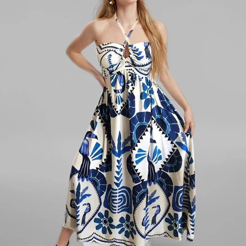 ヨーロッパとアメリカの女性のドレス気質エレガントなプリントファッション中空アウトホルターレースルーズで快適な通気性