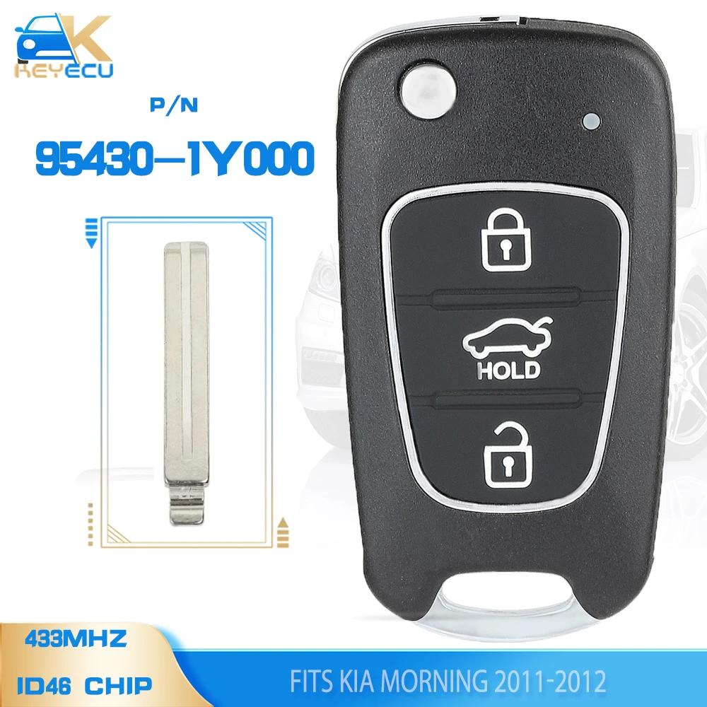 

KEYECU P/N: 95430-1Y000 , 95430-1Y100 Upgraded Flip Remote Key Fob 3 Button 433MHz ID46 Chip for Kia Morning 2011 2012