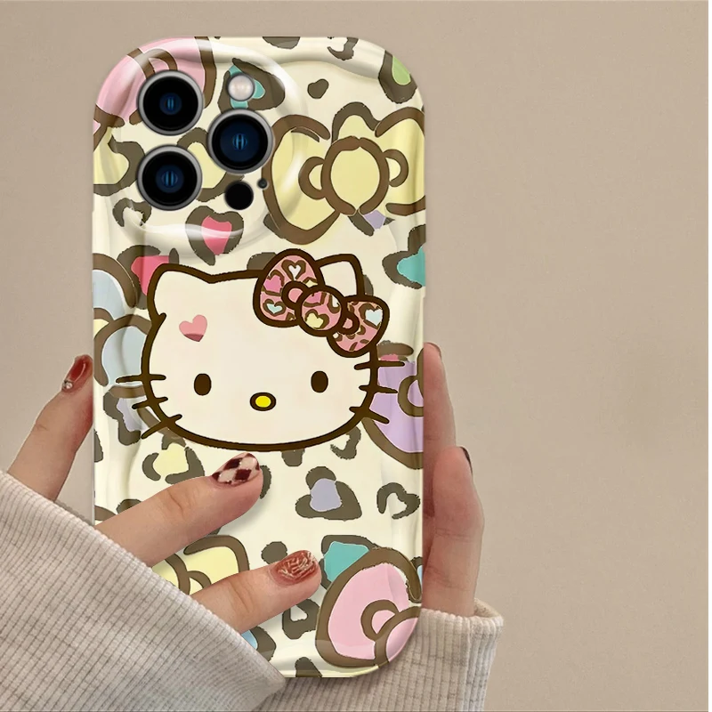 مرحبا كيتي ليوبارد طباعة سيليكون جراب هاتف آيفون 16 15 14 13 12 11 برو ماكس زائد 16E XR XS X 7 8 متموج للصدمات غطاء #4