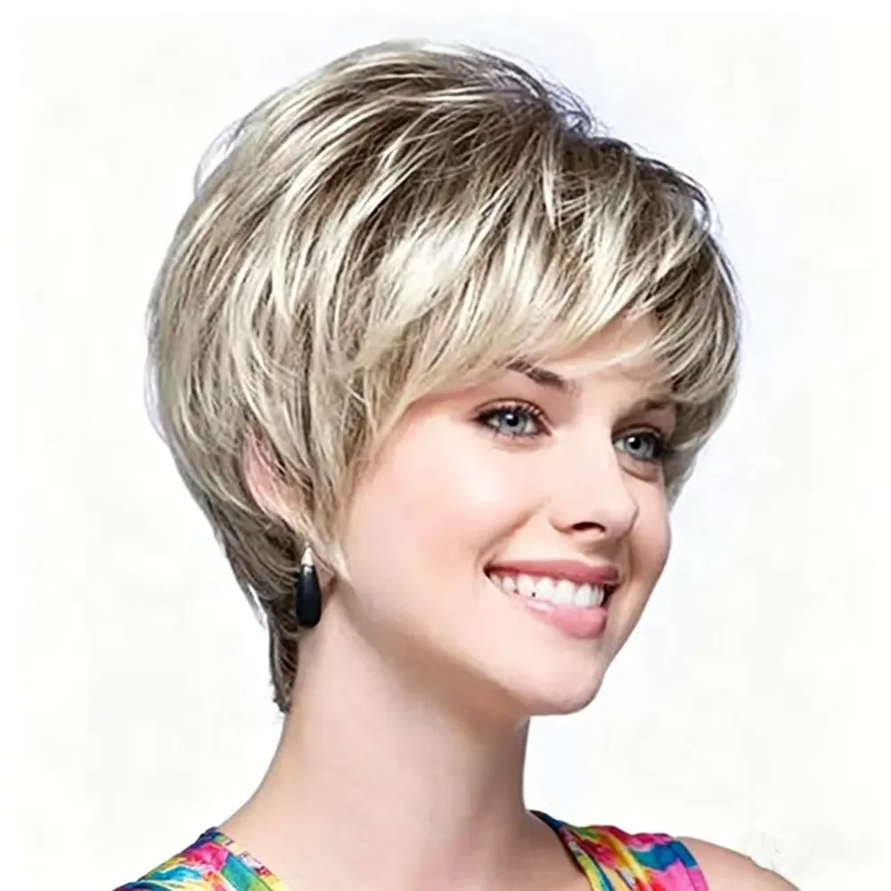 Short Pixie Cut Wig for Women Ombre Blonde Layered Synthetic Wig with Bangs Heat Resistant Natural Short Hair Wigs for Daily Wig