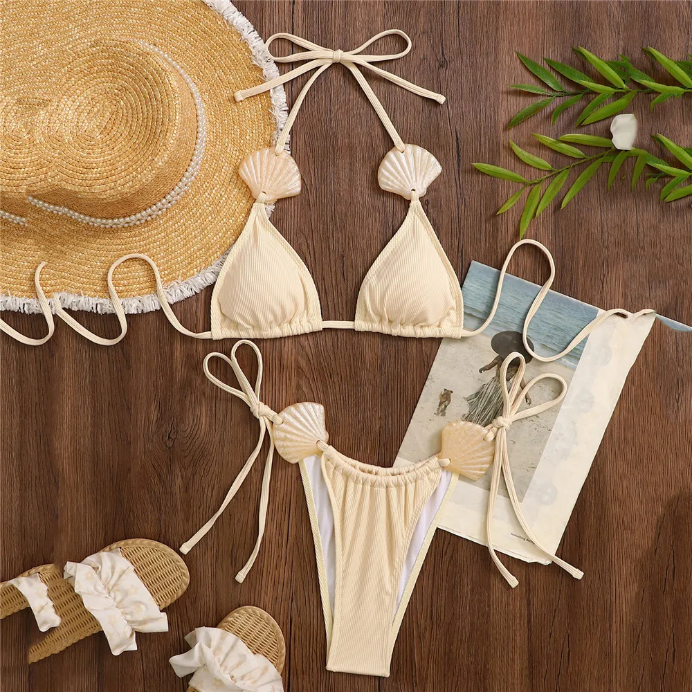 

Сексуальный женский купальник-бикини Sehll 2026: бежевый комплект с треугольными трусиками-стрингами и украшениями, бразильский стиль