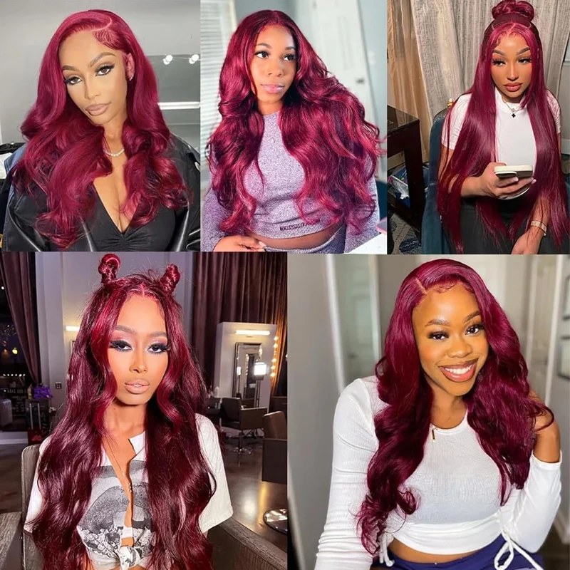 Perruque Lace Front Wig Body Wave Brésilienne Naturelle, Cheveux Humains, Bordeaux 99J, Vin Transparent HD, 13x6, 13x4, Densité 200, 30 32 Pouces