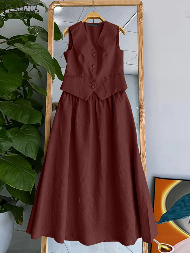 ZANZEA 2025 Summer Women Dress Sets Office Sleeveless Waistcoat Outfits Swing Skirt Two Piece Sets Casual Loose Solid Suits