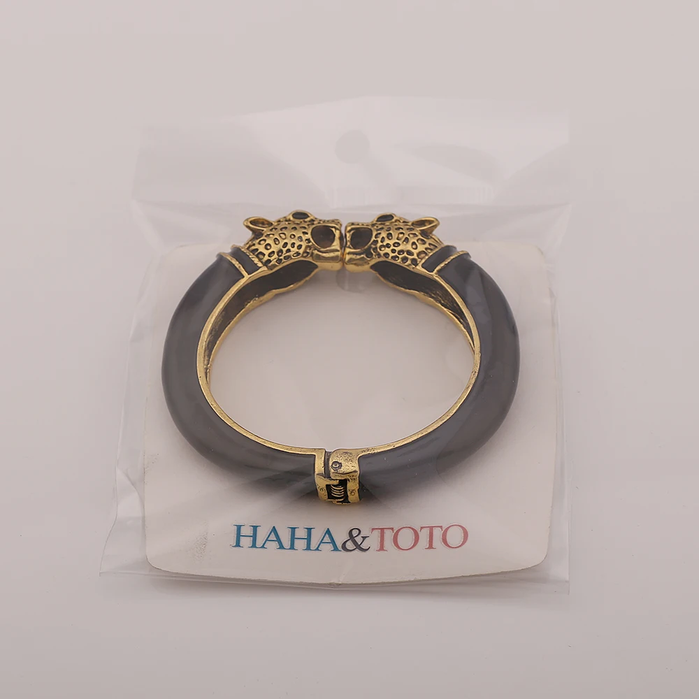 HAHA&TOTO Double Leopard Head Enamel Cuff Bracelet Statement Bangle for Women Girls Gold Plated Animal Vintage Bracelet Pulseira