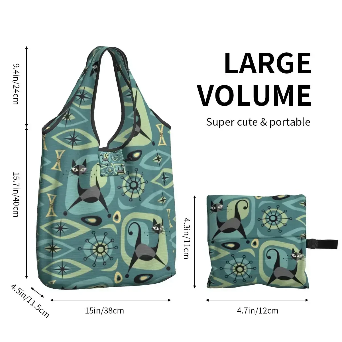 Mid Century Cat Abstract Grocery Shopping Bag Fashion Shopper Tote Shoulder  Large Capacity Portable Fifties Handbag