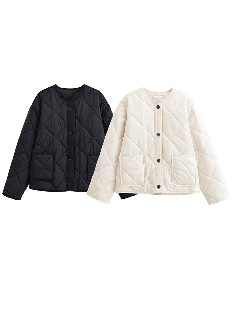 HH 2025 Winter Woman Fashion Street Outcoat Long Sleeve Single-breasted Pockets Design Loose Coat Women Plaid Seams Cotton Coat