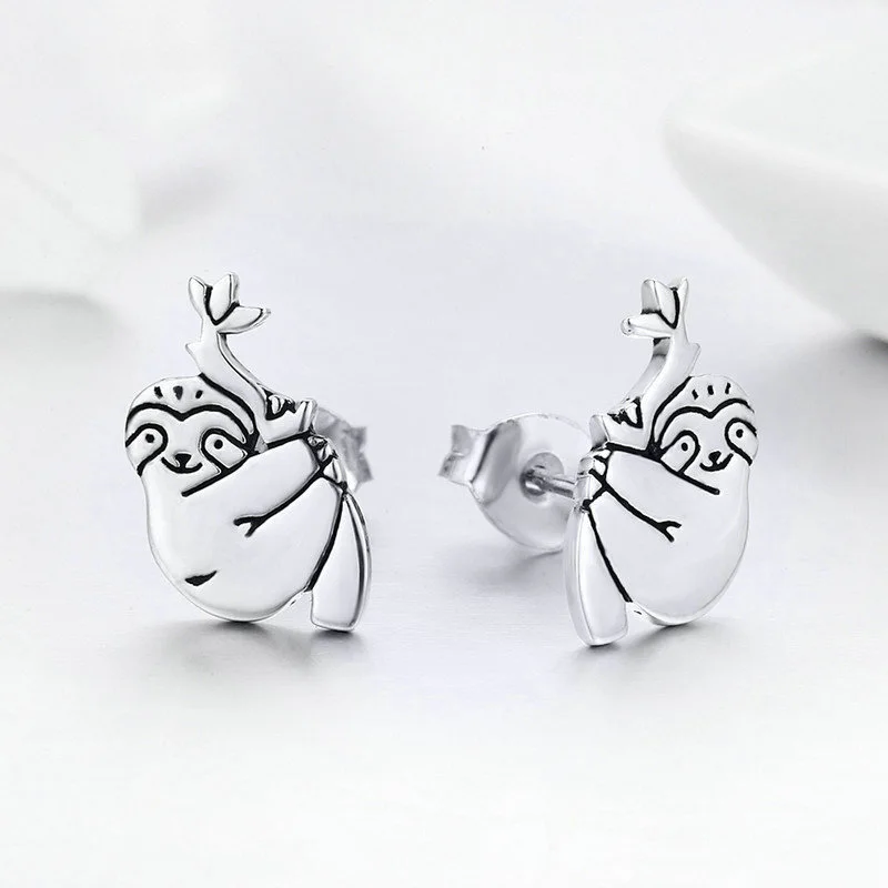 Fashion Silver Plated Little Sloth Stud Earrings For Women Rainforest Animals Jewelry Accessories