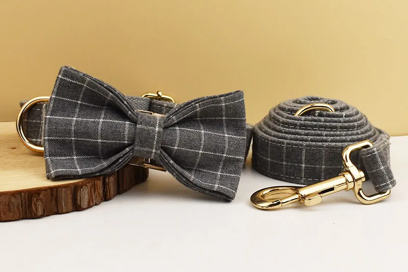 Kariertes Hundehalsband Designer mit Fliege Maßgefertigtes Hundezubehör Luxus-Haustierhalsband und Leinenset – Detail 8