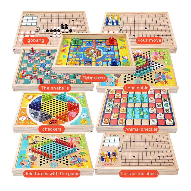 9 In 1 Mini Chess Game Checkerboard Wooden Flying Chess Chinese Checkers Flying Ludo Board Set Portable Wooden Tabletop Game Toy