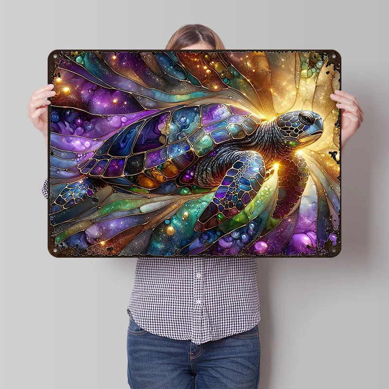 Cosmic Turtle Stained Glass Metal Poster Customized Wall Art Retro Vintage Tinplate Signs for Decoration Room Wand Deko House