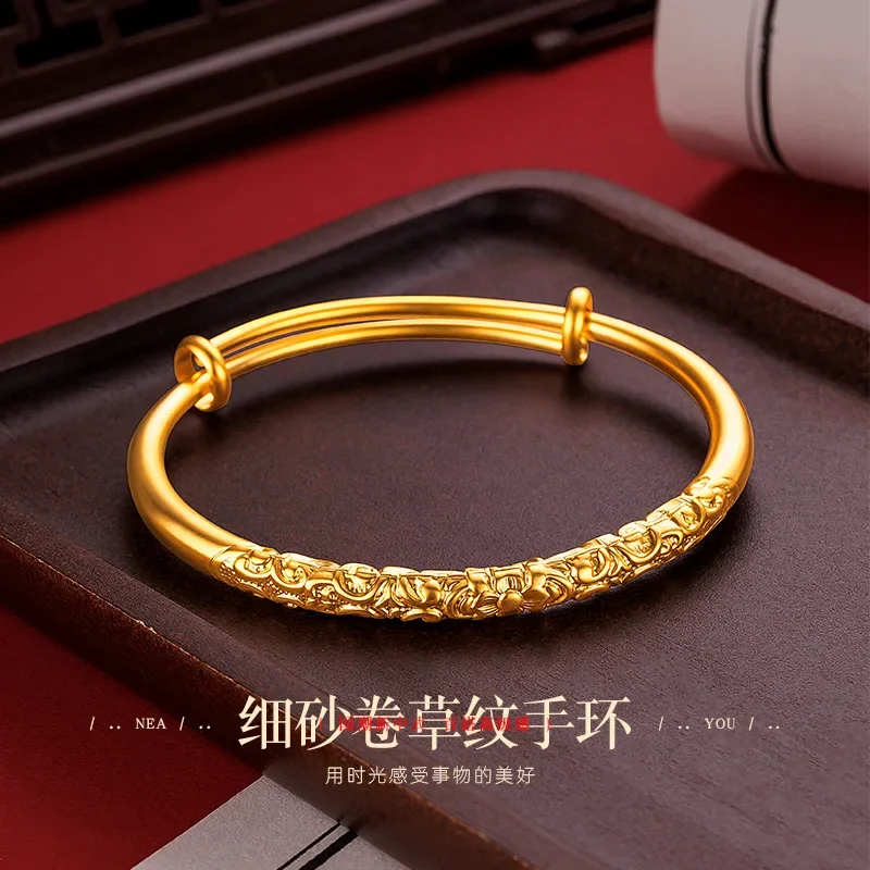 

9999 Real Gold 24K Fine Sand Bauhinia Roll Grass Pattern Bracelet Retro National Style Engraved Plain Ring Push-pull