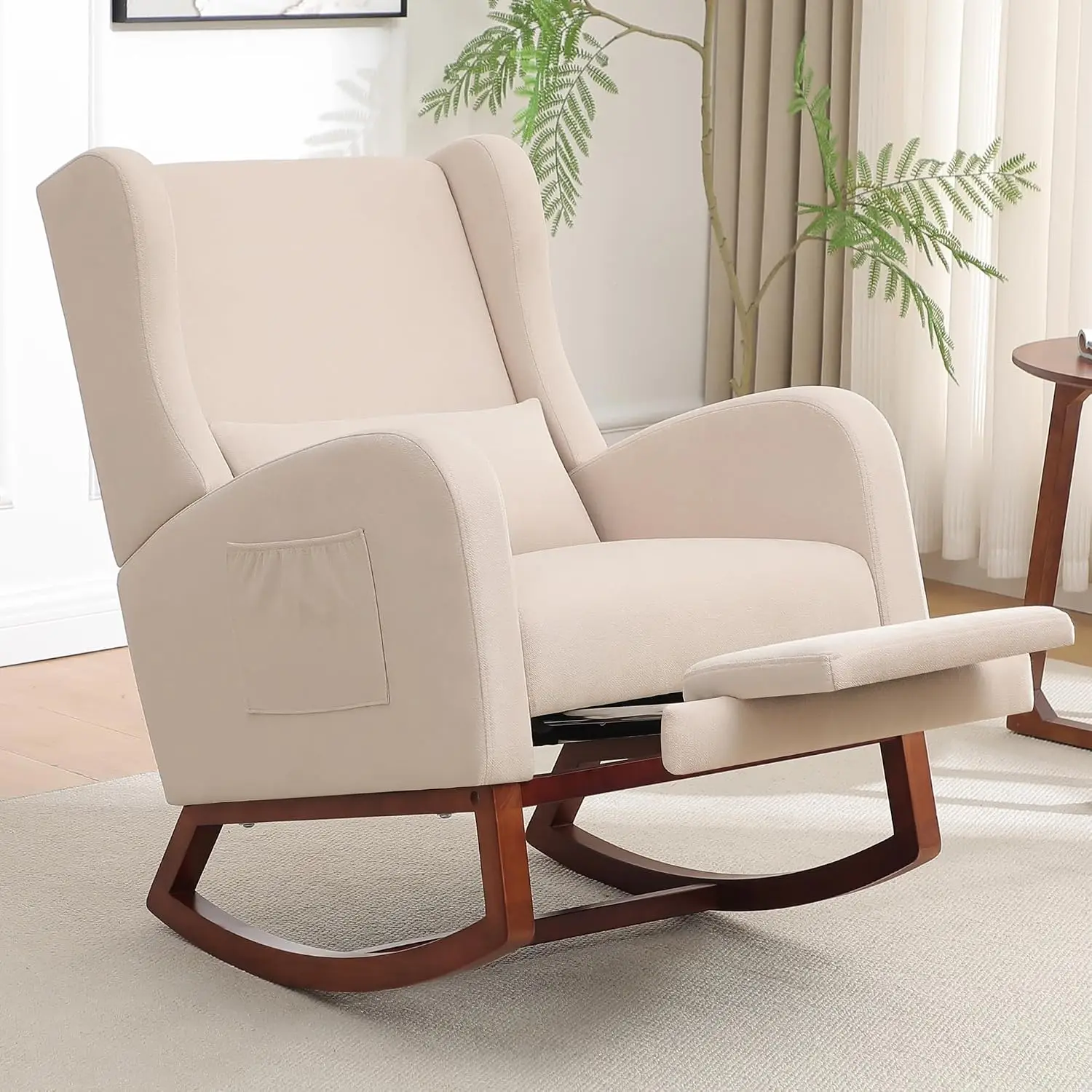 Comfy Fabric Glider Rocker with High Back & Foot Rest for Nursery, Living Room, Bedroom, Beige, Customized