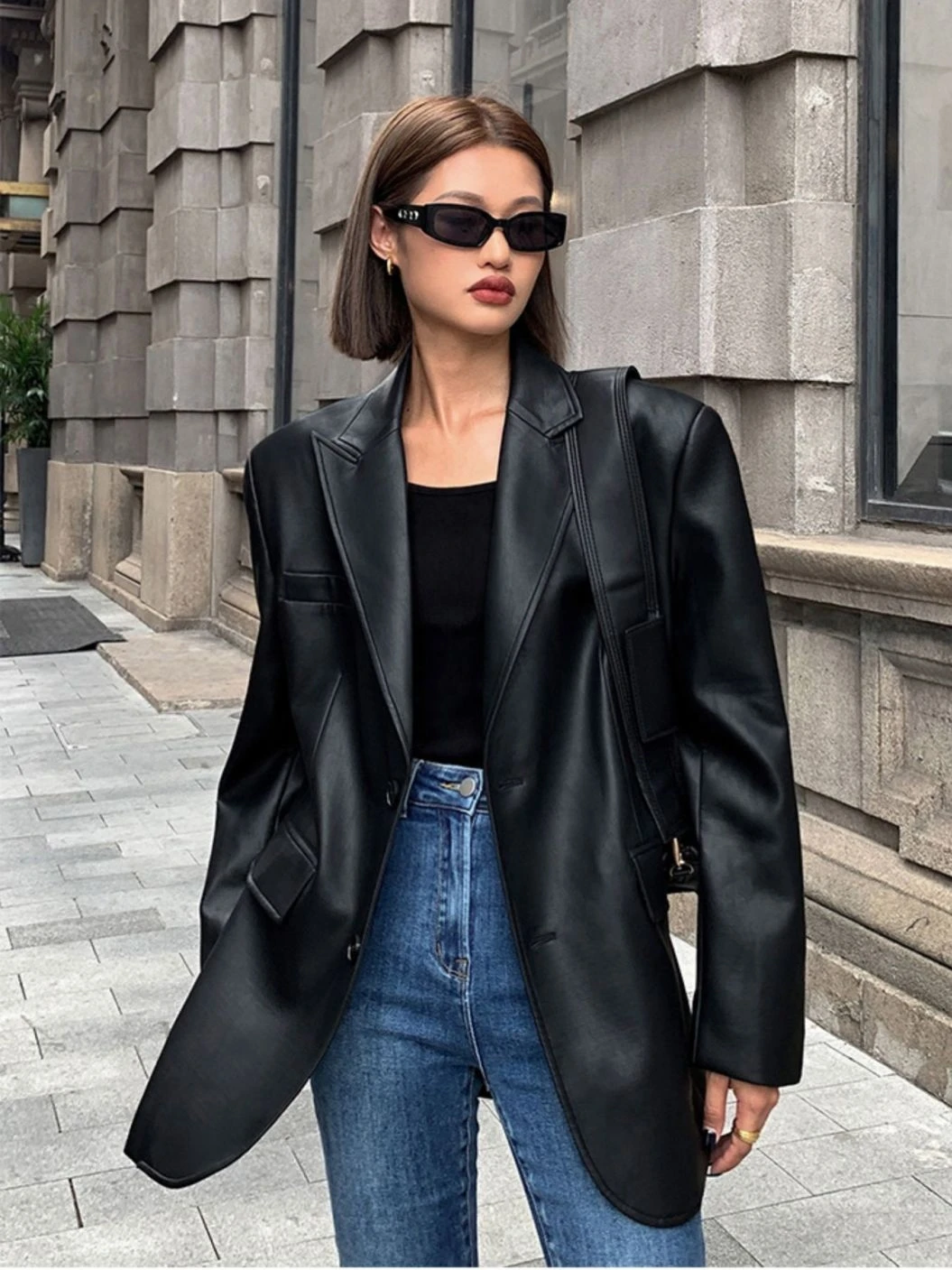 Vintage Autumn Black Brown Soft Pu Leather Blazer Women Biker Coat Long Sleeve Flap Pocket Suit Jacket Oversized Streetwear