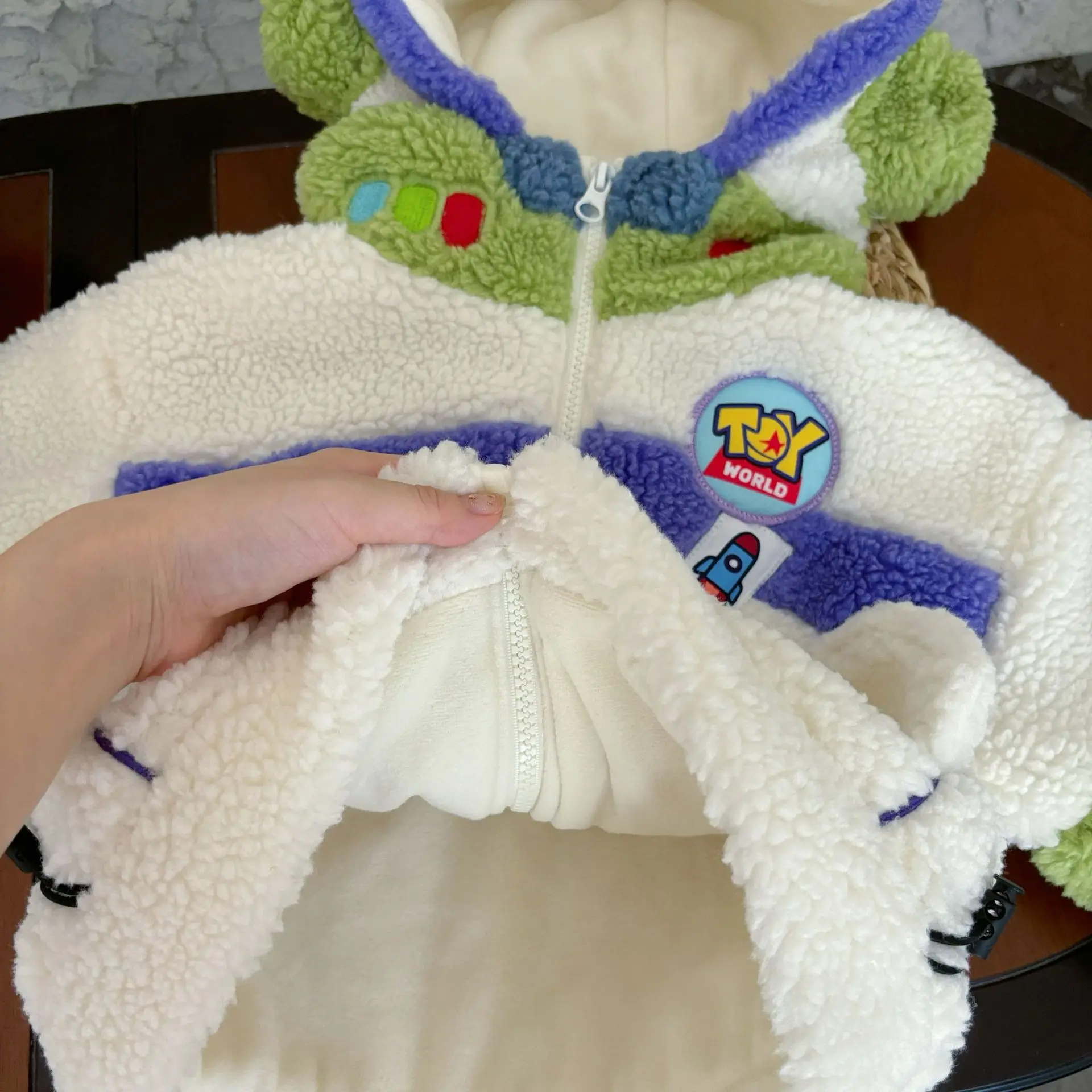 Disney Buzz Lightyear Winter Children\'S Plush Thickened Premium Texture Splicing Color Contrasting Hooded Cartoon Cotton Jacket