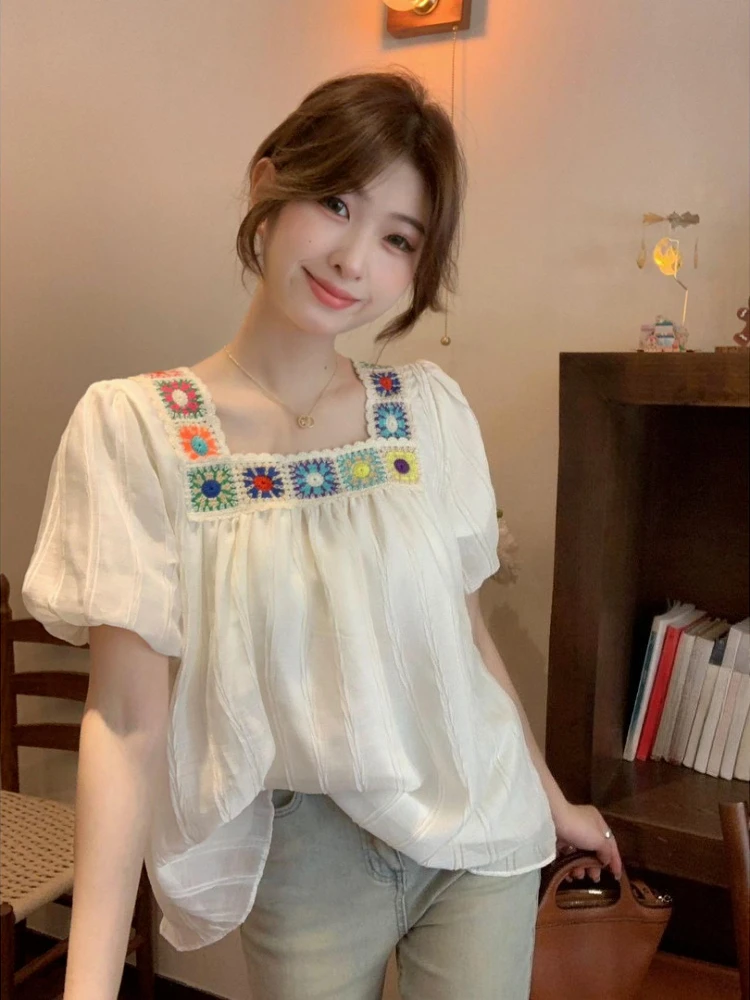 

Французская блузка с квадратным вырезом и коротким рукавом для женщин, дизайнерская, нишевая, летняя, с эффектом утяжки живота, приталенная, в стиле Baby Doll