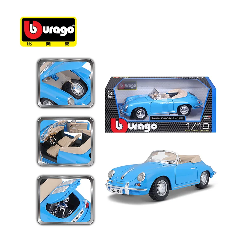 Genuine Boutique Bburago 1:18 Porsche 356B Blue 2 Doors Opened Back To Alai Alloy Toy Car Model Metal Die-cast Toys Boy Gifts