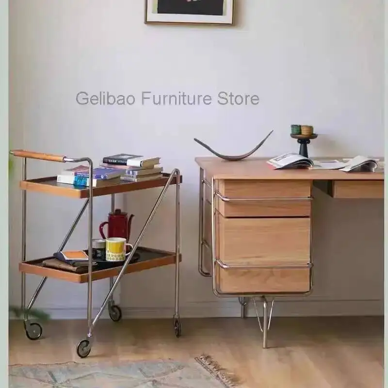 

Household Metal Wrought Iron Mobile Storage Cart Solid Wood Living Room Sofa Side Table Kitchen Storage Cart Side Tables