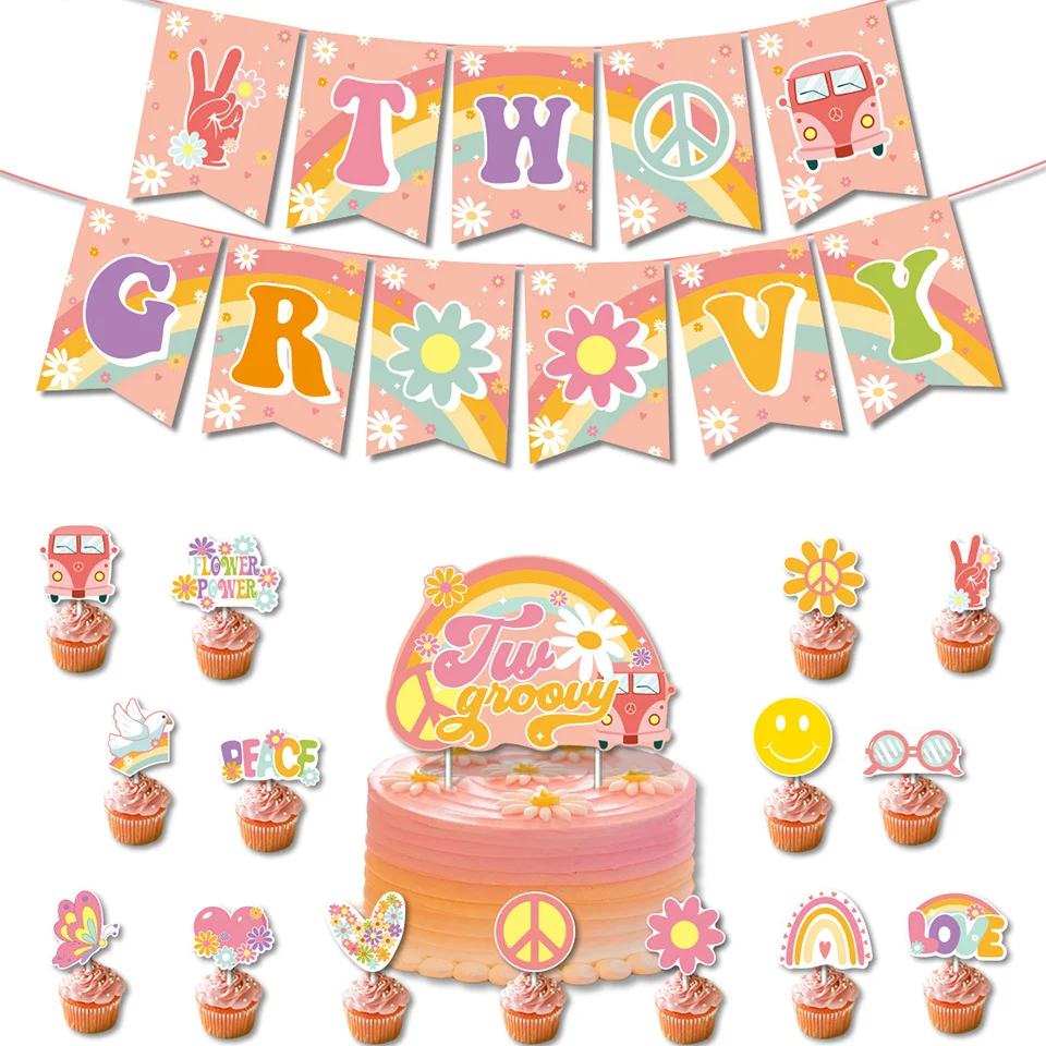 

1SET Hippie Two Groovy Paper Cake Toppers Banner For Bohemian Rainbow Birthday DIY Party Decorations Kids Gifts Supplies