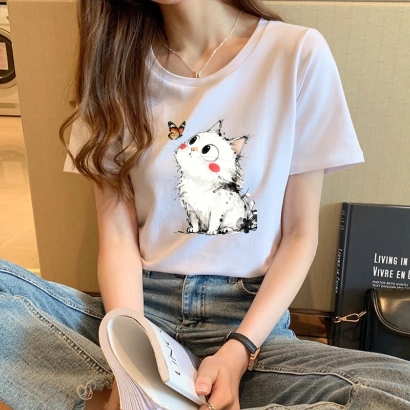 

Белая женская свободная одежда с короткими рукавами в весенне-летнем стиле с принтом «Кошачий любитель» Верхняя одинаковая одежда