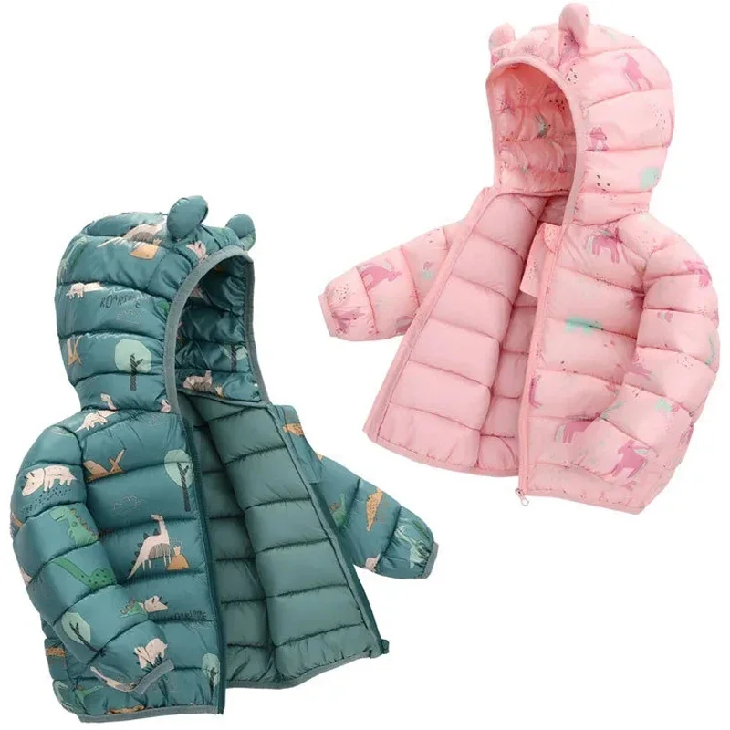 Girls Boys Jackets Kids Cartoon Print Dinosaurs Down Coats Children Spring Autumn Windproof Outerwear Baby Winter Casual Clothes