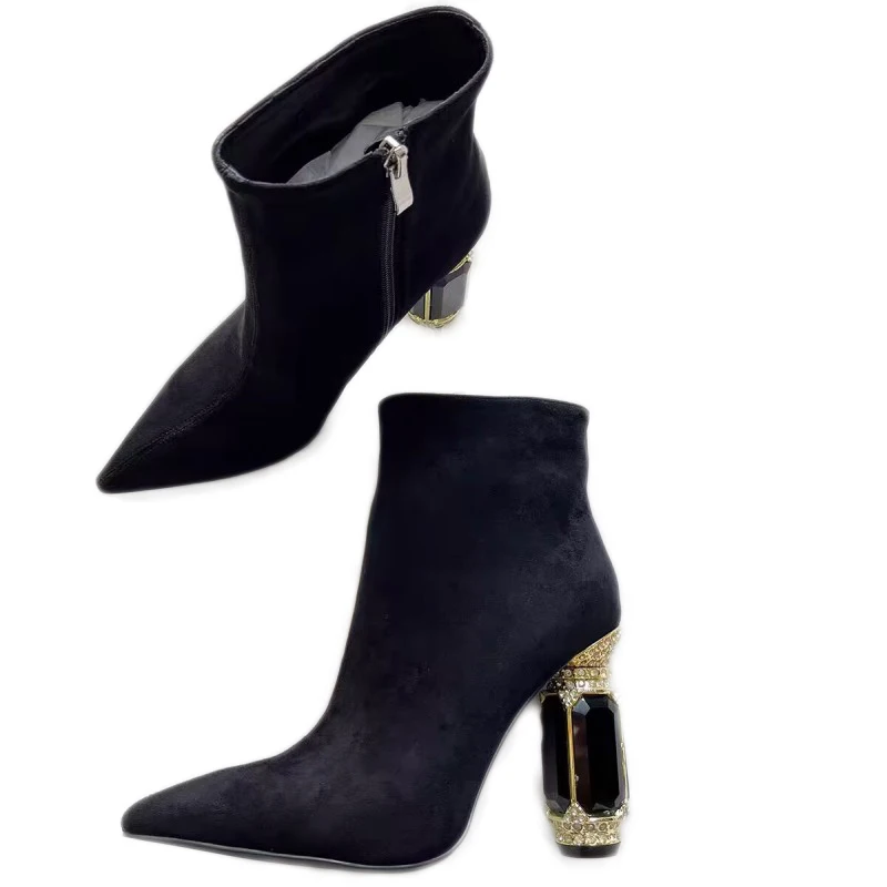 

SHOFOO Fashionable women's high-heeled boots. Black (green) suede ankle boots. About 10.5cm heel height. Crystal heel SIZE:34-46