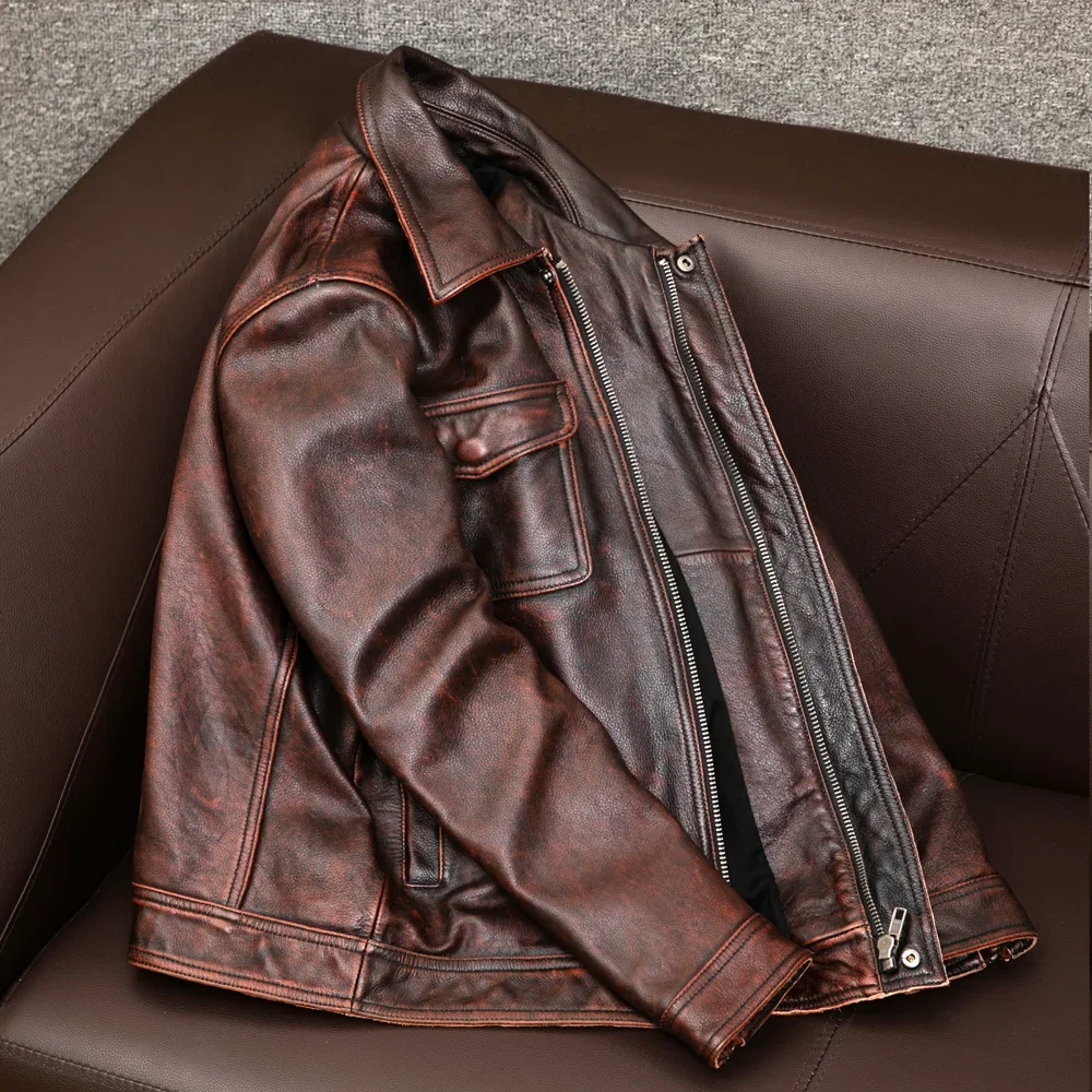 Red Brown Vintage Leather Jacket Men's Top Leather Oversized Motorcycle Slim Coat