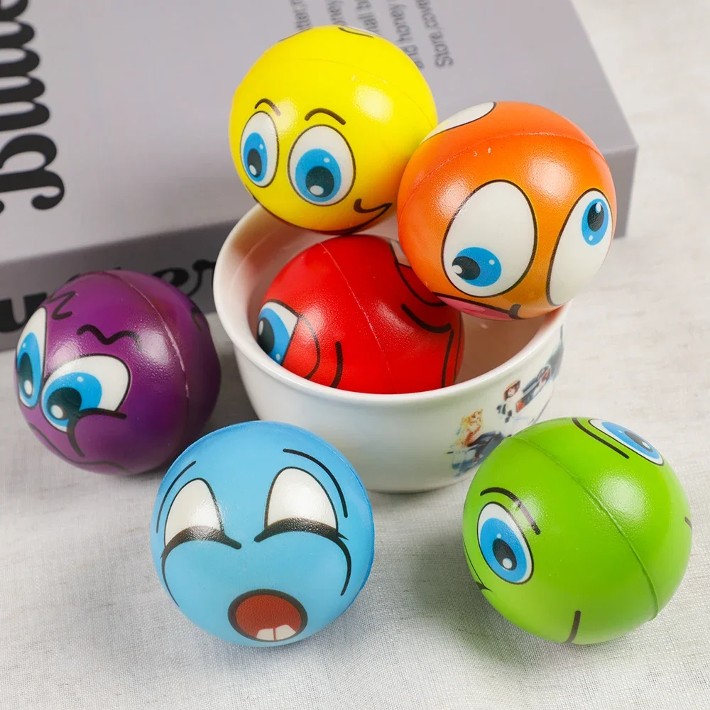 Bola elástica de PU con expresión de dibujos animados para niños, juguete para apretar con liberación de presión, regalo de fiesta de cumpleaños, relleno de piñata, 6 uds.