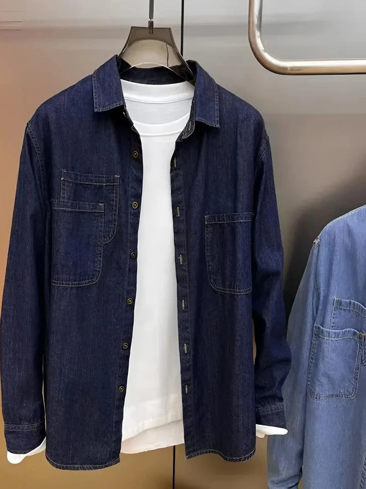 

Джинсовая рубашка свободного кроя с длинными рукавами, мужская модная рубашка в корейском стиле, модная синяя хлопковая повседневная рубашка, осенняя новинка