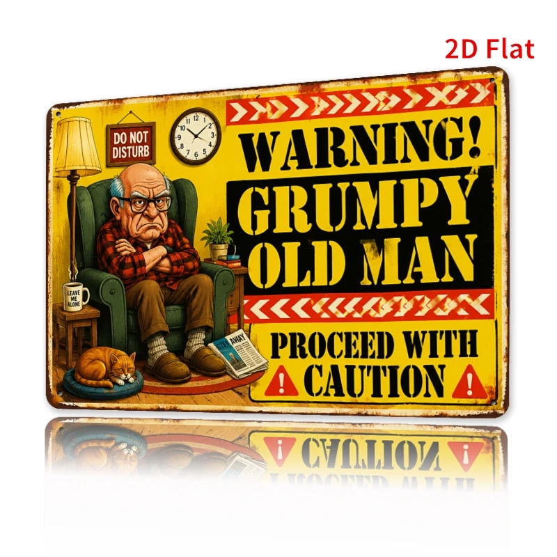 2D Flat Aluminum Warning Proceed with Caution Wall Plaque 30X20cm Grumpy Old Man Retro Funny Home Man Cave Decor