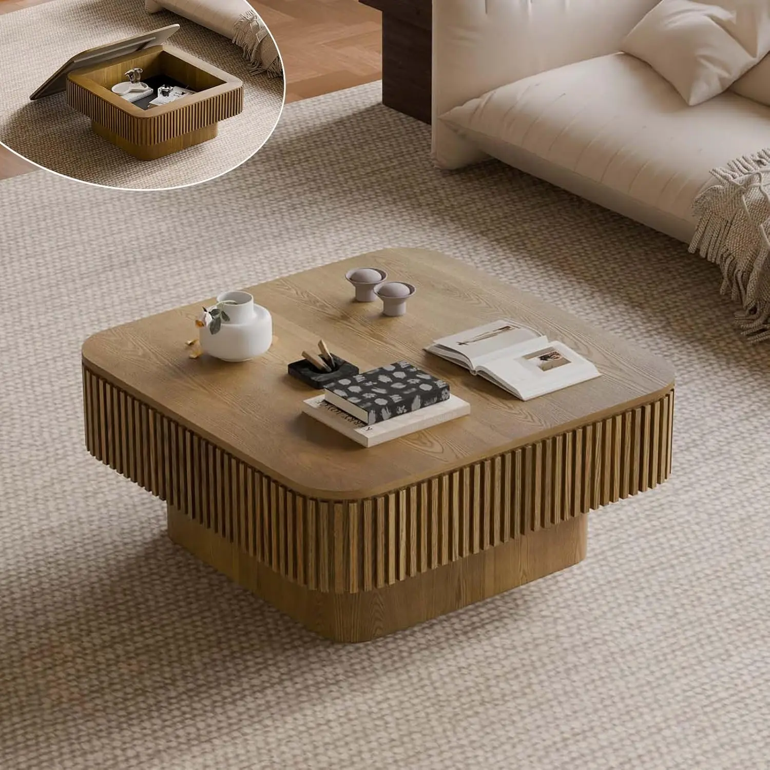 

Square Small Coffee Table With Storage, Modern Wooden With Solid Wood Veneered, Fluted Center Drum Tea