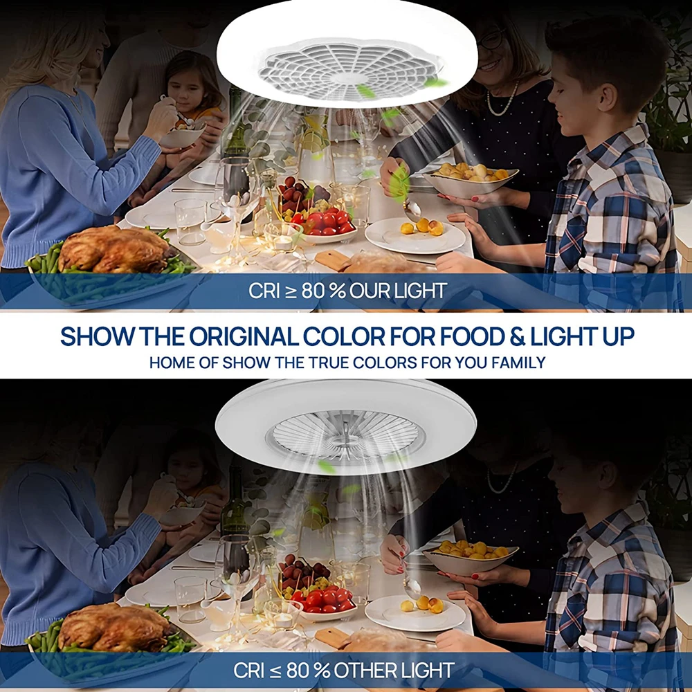 Ventilateur de Plafond avec Lumières LED et Télécommande, Base de Convertisseur, Silencieux, 3 Vitesses de Vent, pour Cuisine, Lampe de Décoration Intérieure, 30W