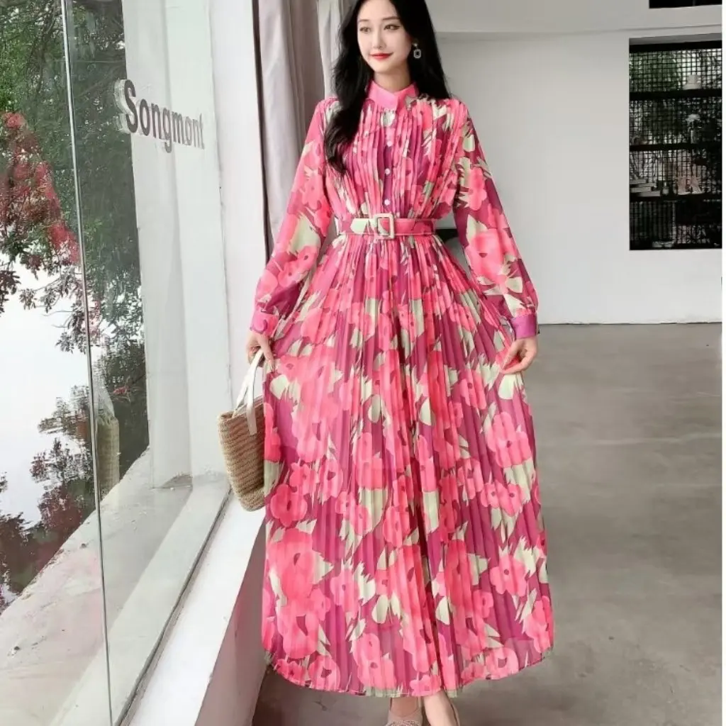 Vestido de gasa ajustado con mangas abullonadas de estilo francés para mujer con estampado floral drapeado plisado para otoño resistente de alta calidad