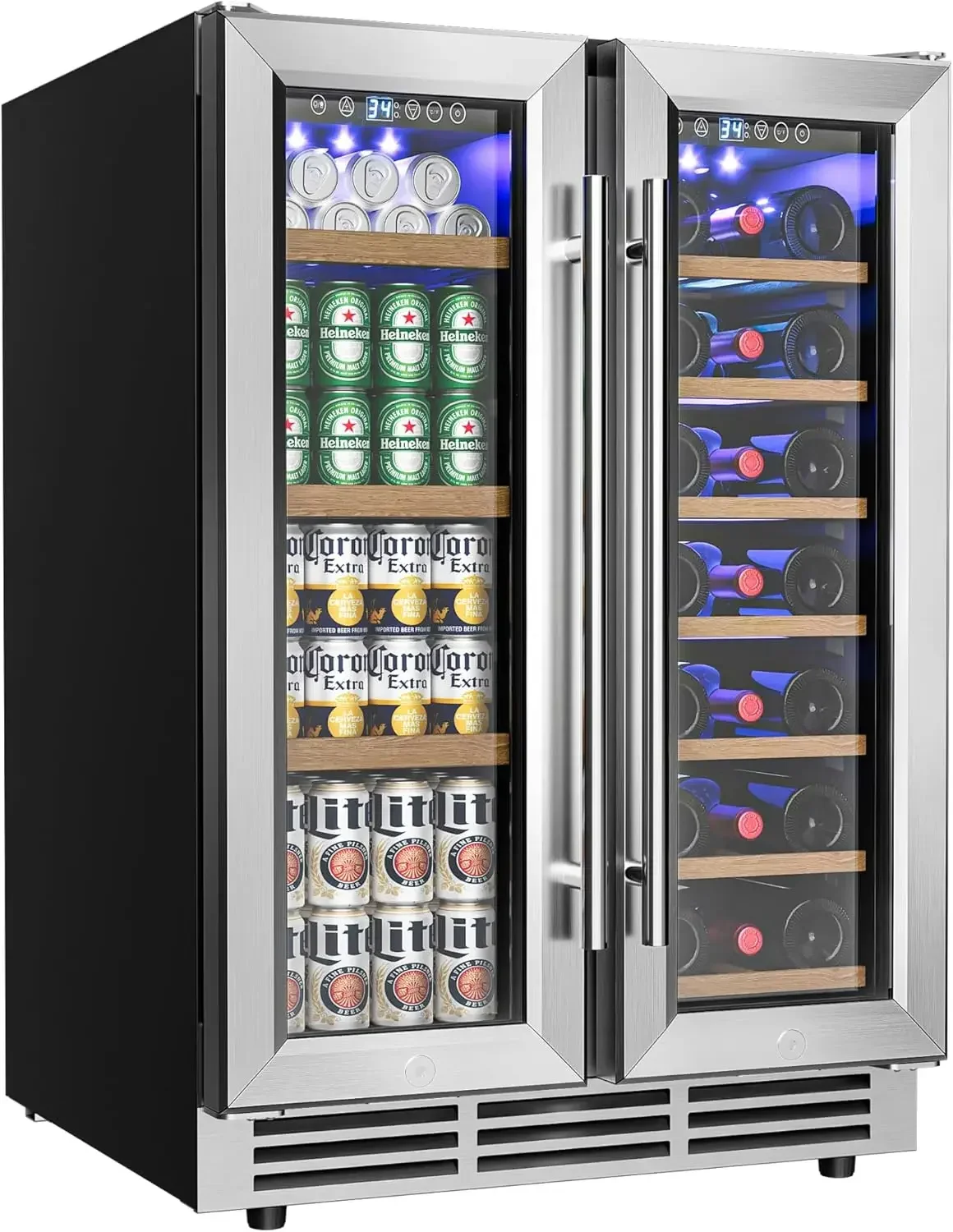 EUHOMY Wine and Beverage Refrigerator, 24 Inch Dual Zone Wine Cooler with Glass Door Hold 21 Bottles and 88 Cans, Built in