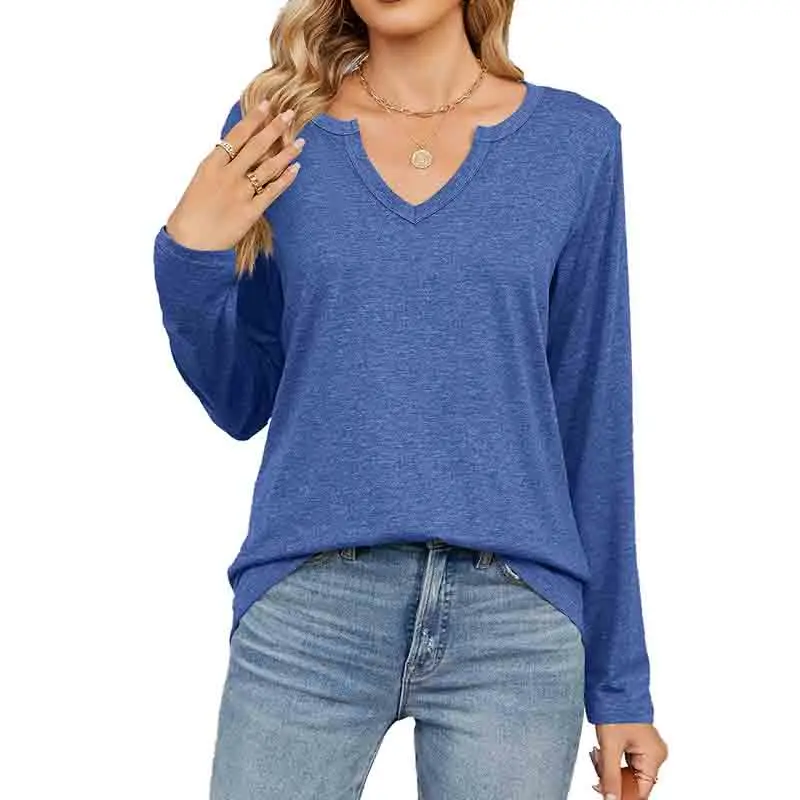 Autumn Winter 2024 New Casual V-Neck Long Sleeve Loose Tops Woman Clothin T-Shirt Fashion Office Lady Solid Color Women's Top