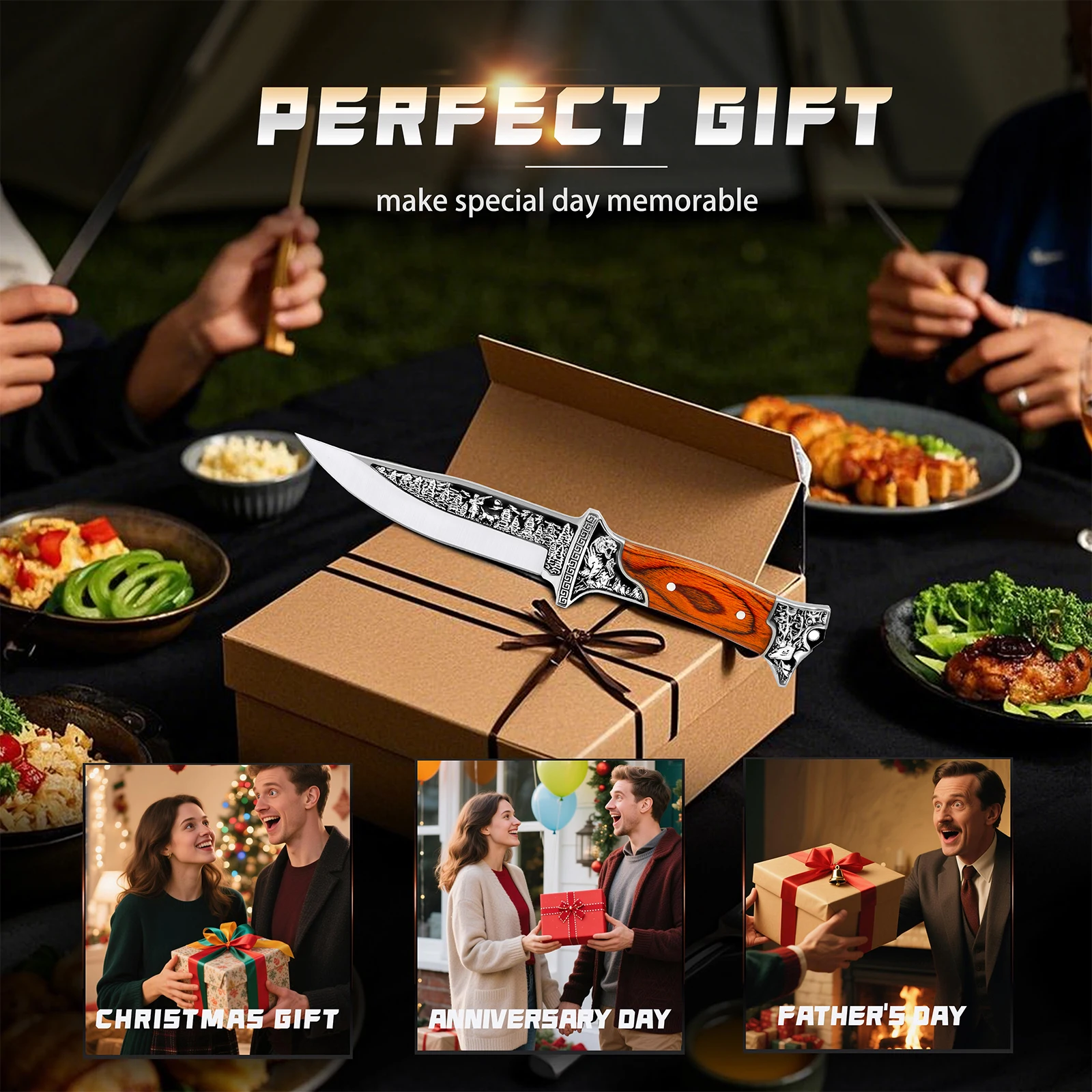 Ergonomic Engraved Pattern Fixed Blade Utility Tool with Solid Wood Handle Portable Outdoor Camping EDC Cutting Gear 2 Color Options