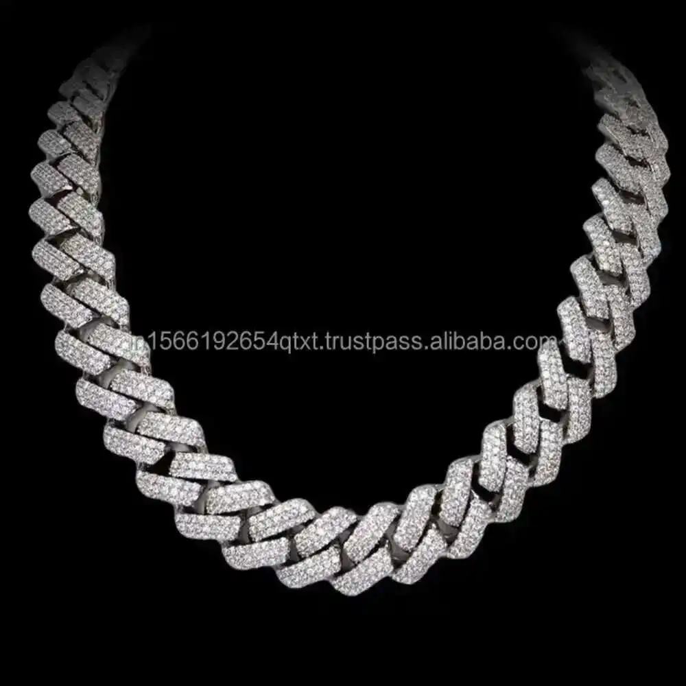 

925 Sterling Silver Miami 14mm Rounded Cuban Chain with Use of Vvs Moissanite Diamond Chain for Unisex From India