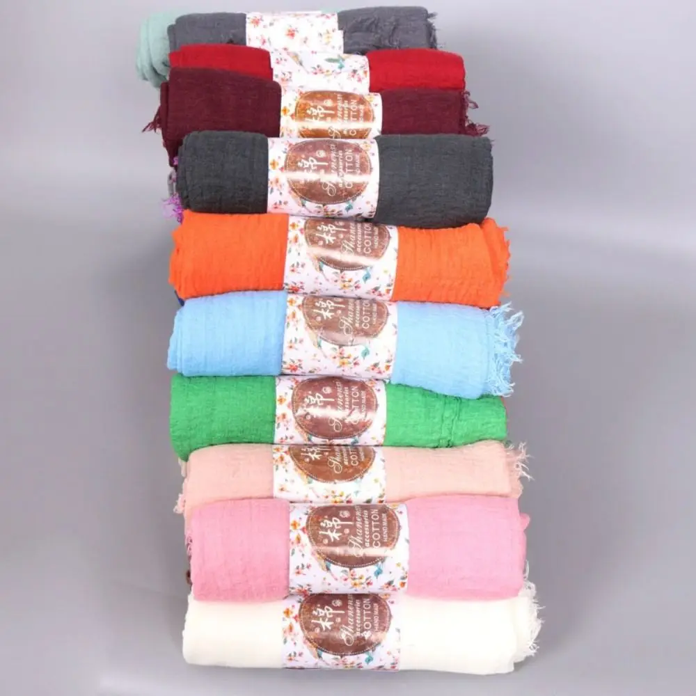 Women Scarves Veil 10 Colors Pleated Plain Hijab Cotton Linen Wrinkle Crinkle Hijab Scarf Bubble Solid Turban