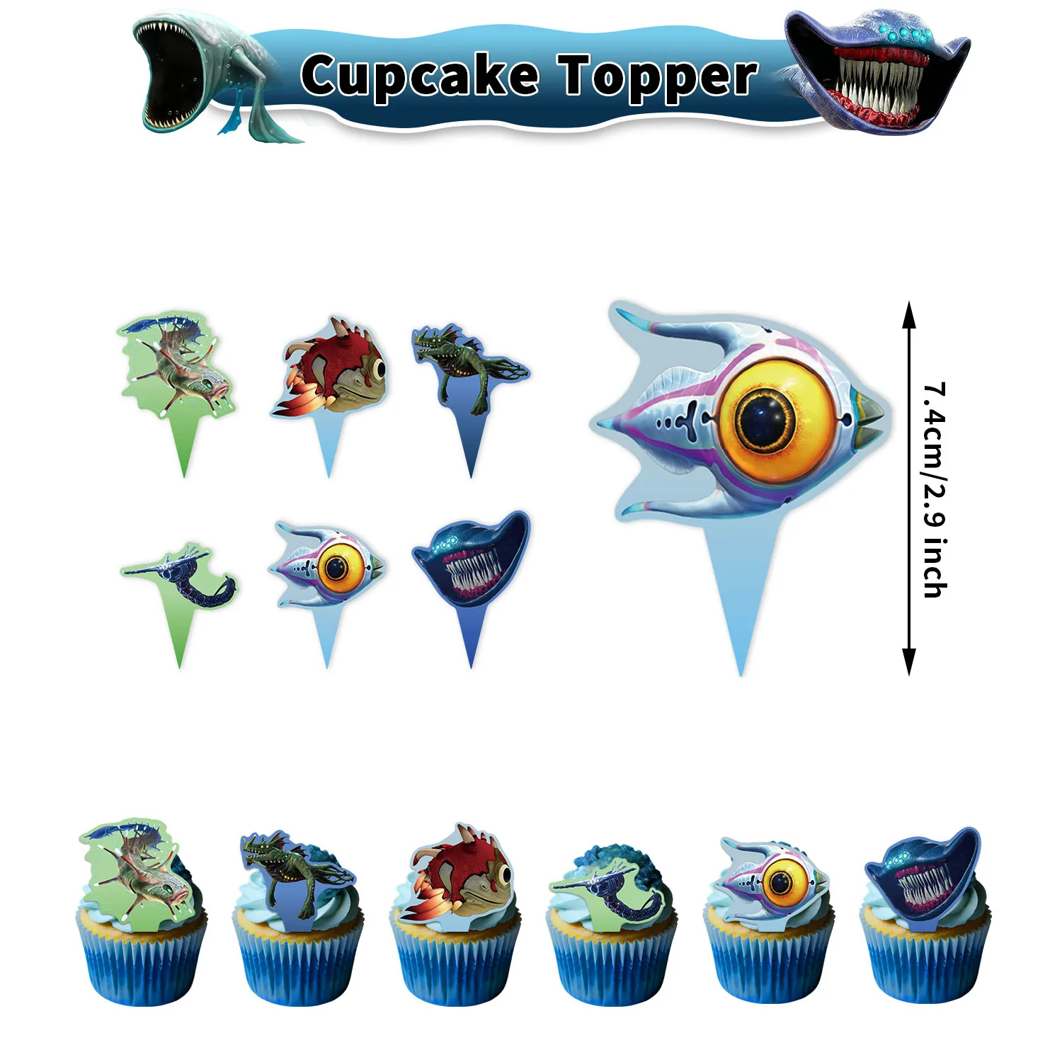 S-Subnautica Themen-Geburtstagsparty-Dekorationen: Wunderschöner Unterwasserwelt-Meeremonster-Kuchenaufsatz, Ballonbanner, Fotohintergrund – Detail 3