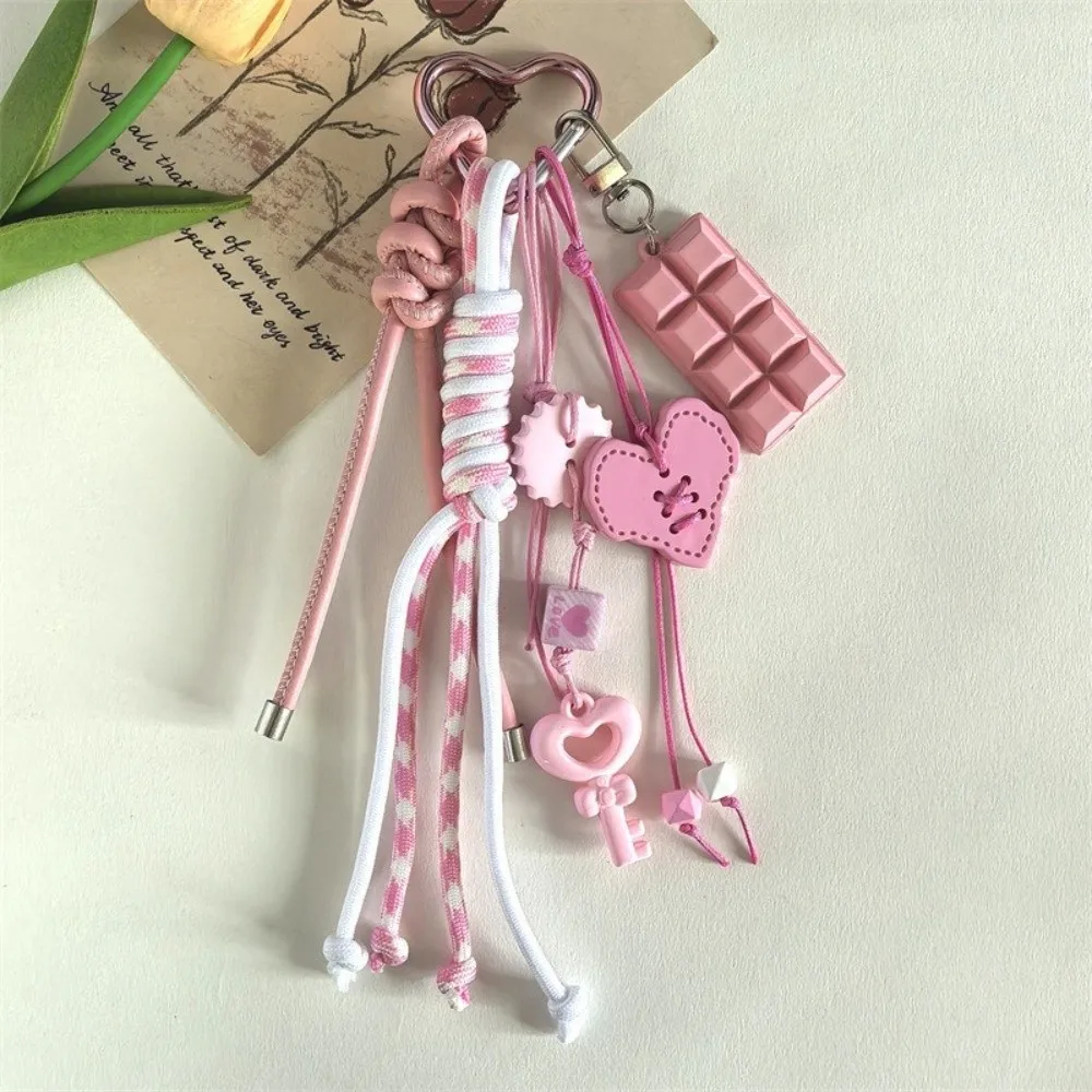 Y2k Acrylic Heart Keychain Anti-Lost Hand-Woven Braided Rope Key Chain Heart-shaped Macaron Color Bag Pendant Bag Accessories
