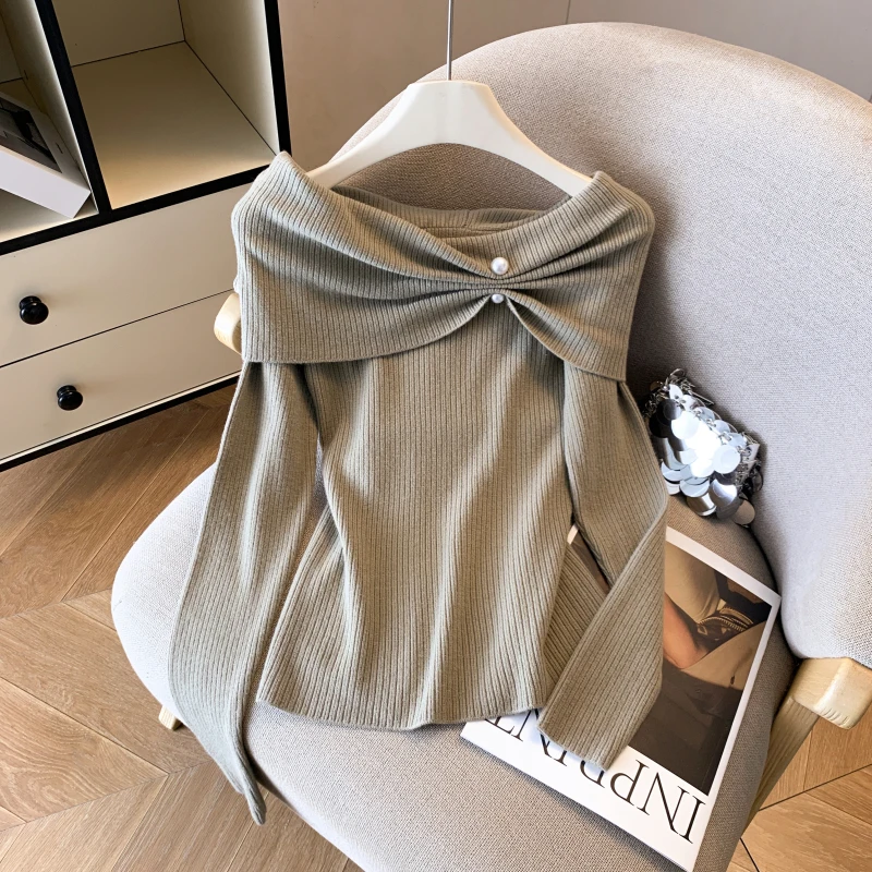 

Дизайнерский чувственный длинный вязаный свитер светя, женский осенне-зимний свитер на одно плечо, неолоновый базовый слой, сексуальный сладкий топ