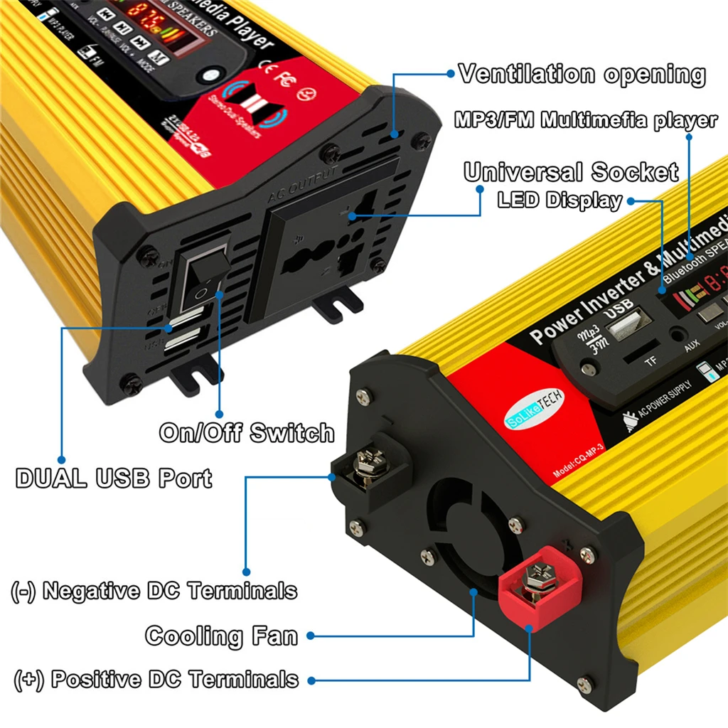 300W Car Power Inverter With Multimedia Player DC 12V to AC 220V Car Converter With MP3 With 2.4A 2-Port USB and AC Outlets