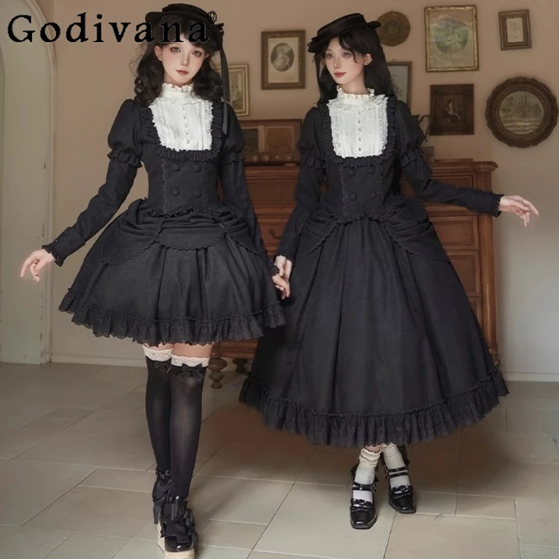 

Original Black Gothic Halloween Cos Split Dress French Elegant Court Style Retro Long Sleeve Shirt Long Skirts Set Lolita Dress