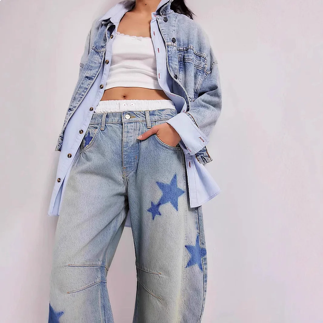 Spring Summer Women Printed Denim Jeans Loose Mid Waist Barrel Pants