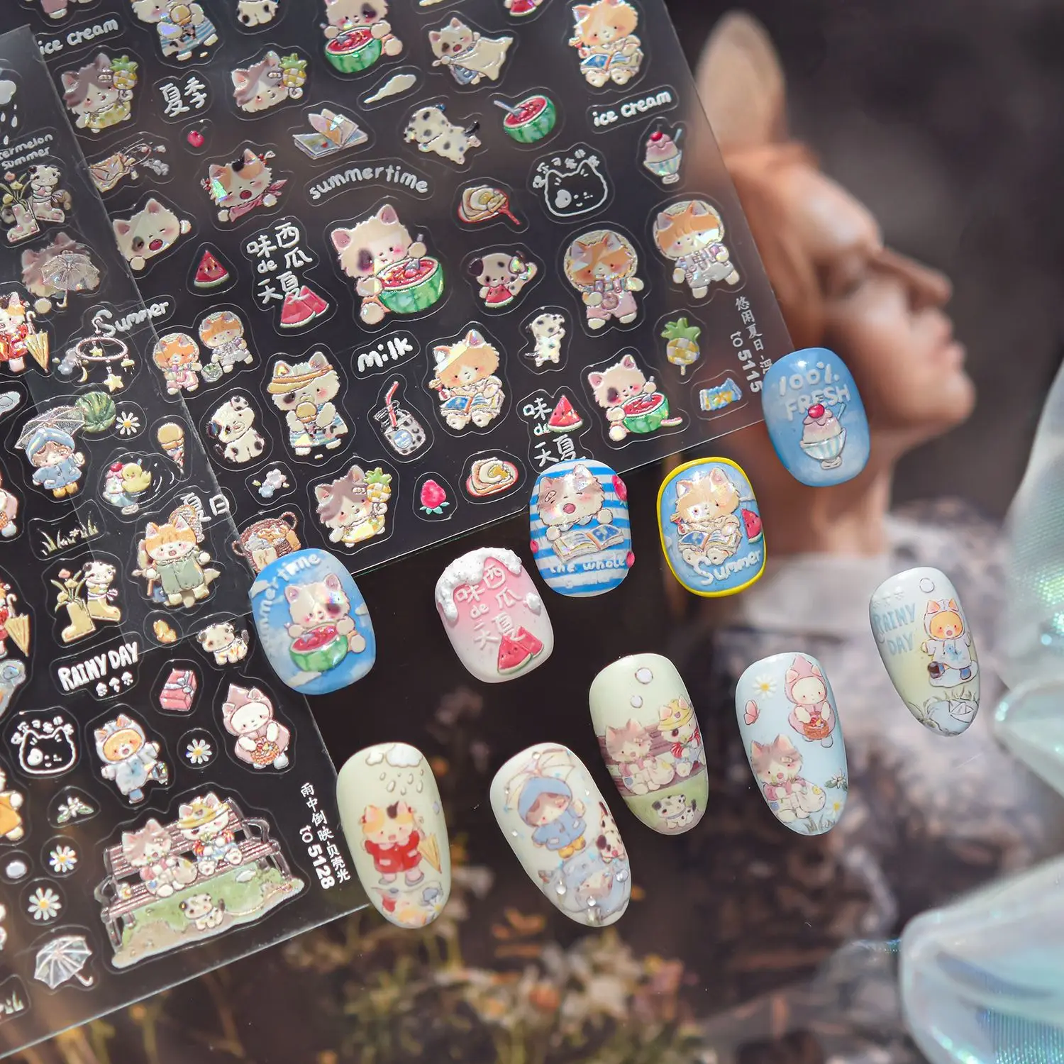 かわいい夏のネイルアートデコレーションステッカー 5D エンボス加工かわいい漫画スイカ自己粘着ステッカー爪 DIY アクセサリー